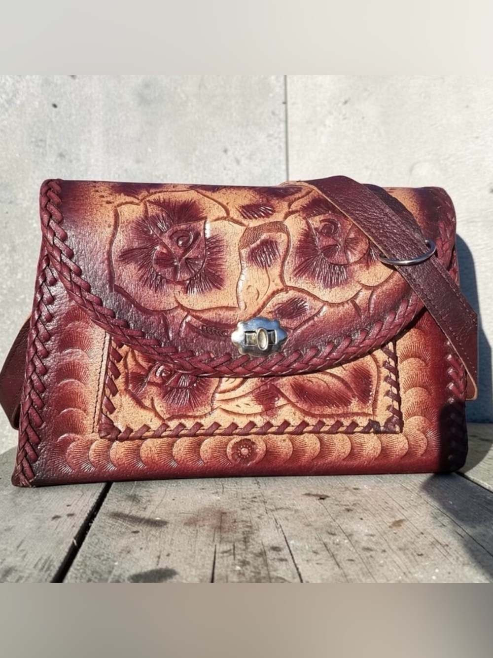 Vintage Mexican Hand Tooled Leather Bag Boho Western Folk Art Handbag